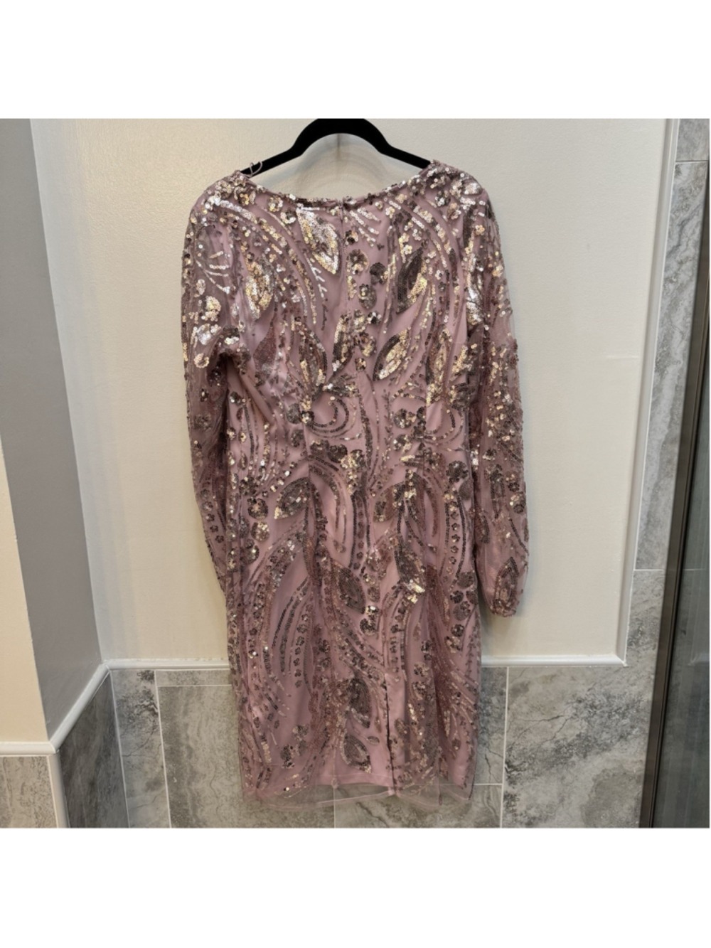 Adrianna Papell Pink Sequin Blouson Sleeve Sheath Cocktail Dress Wedding - Picture 8 of 9